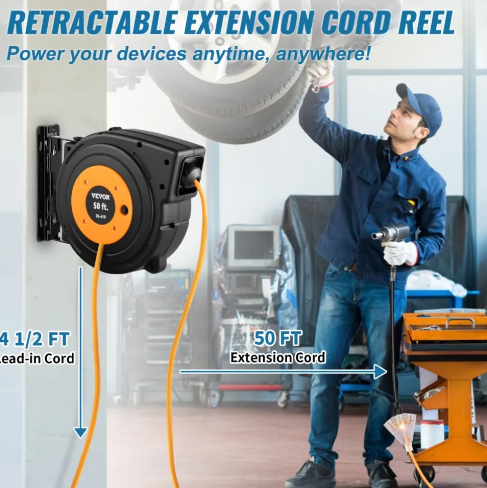 VEVOR 50ft Retractable Extension Cord Reel 14AWG/3CSJTOW Power Cord Reel
