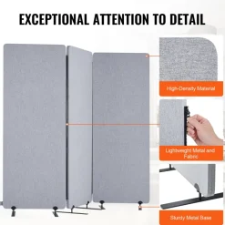 VEVOR 2FT Room Divider, 3 Panel PET Polyester Soundproof Room Screen, Folding Privacy Divider Portable Partition Divider for Room Separation, Freestanding Room Partitions for Office Study, Grey
