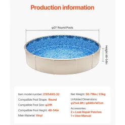 VEVOR 21-ft Round Above Ground Pool Liner, Overlap Pool Liners, Standard Gauge Vinyl, 48-to-54inch Wall Height, Designed for Steel Sided Above-Ground Swimming Pools