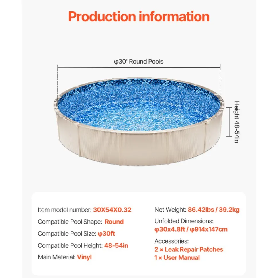 VEVOR 30-ft Round Above Ground Pool Liner, Overlap Pool Liners, Standard Gauge Vinyl, 48-to-54inch Wall Height, Designed for Steel Sided Above-Ground Swimming Pools