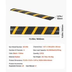 VEVOR 6FT Rubber Speed Bump, 2 Pack, 2 Channel Heavy Duty Traffic Speed Hump, 22000 lbs/Axle Load Capacity, 72 in Cable Protector Ramp with Expansion Screws, for Asphalt Concrete Gravel Driveway Road