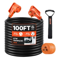VEVOR 100 FT RV Extension Cord, 30 Amp, 125V 2500W Heavy Duty STW 10/3 Gauge Wire, NEMA TT-30P Male NEMA TT-30R Female Plug, with LED Power Indicator, Handle, 15A Adapter, for RV Trailer, ETL Listed