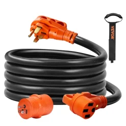 VEVOR 15 ft RV Extension Cord, 50 Amp, Heavy Duty STW RV Power Cord, NEMA 14-50R Female NEMA 14-50P Male Plug, with LED Indicator Handle 15A Adapter, for RVs, trams, generators, campers, ETL Listed
