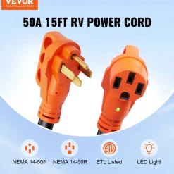 VEVOR 15 ft RV Extension Cord, 50 Amp, Heavy Duty STW RV Power Cord, NEMA 14-50R Female NEMA 14-50P Male Plug, with LED Indicator Handle 15A Adapter, for RVs, trams, generators, campers, ETL Listed