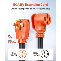 VEVOR 100 FT RV Extension Cord, 50 Amp, 125V 7500W Heavy Duty STW 6/3 + 8/1 Gauge Wire, NEMA 14-50P Male NEMA 14-50R Female Plug, with LED Indicator, Handle, 15A Adapter, for RV Trailer, ETL Listed
