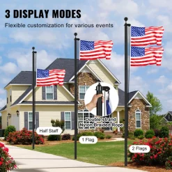 VEVOR 25FT Sectional Flag pole Kit, Heavy Duty Aluminum Alloy in Ground Flag poles for Outside, 3 Display Modes Flagpole with 3x5 American Flag, Professional Accessories, Black