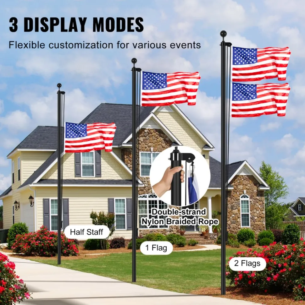 VEVOR 25FT Sectional Flag pole Kit, Heavy Duty Aluminum Alloy in Ground Flag poles for Outside, 3 Display Modes Flagpole with 3x5 American Flag, Professional Accessories, Black