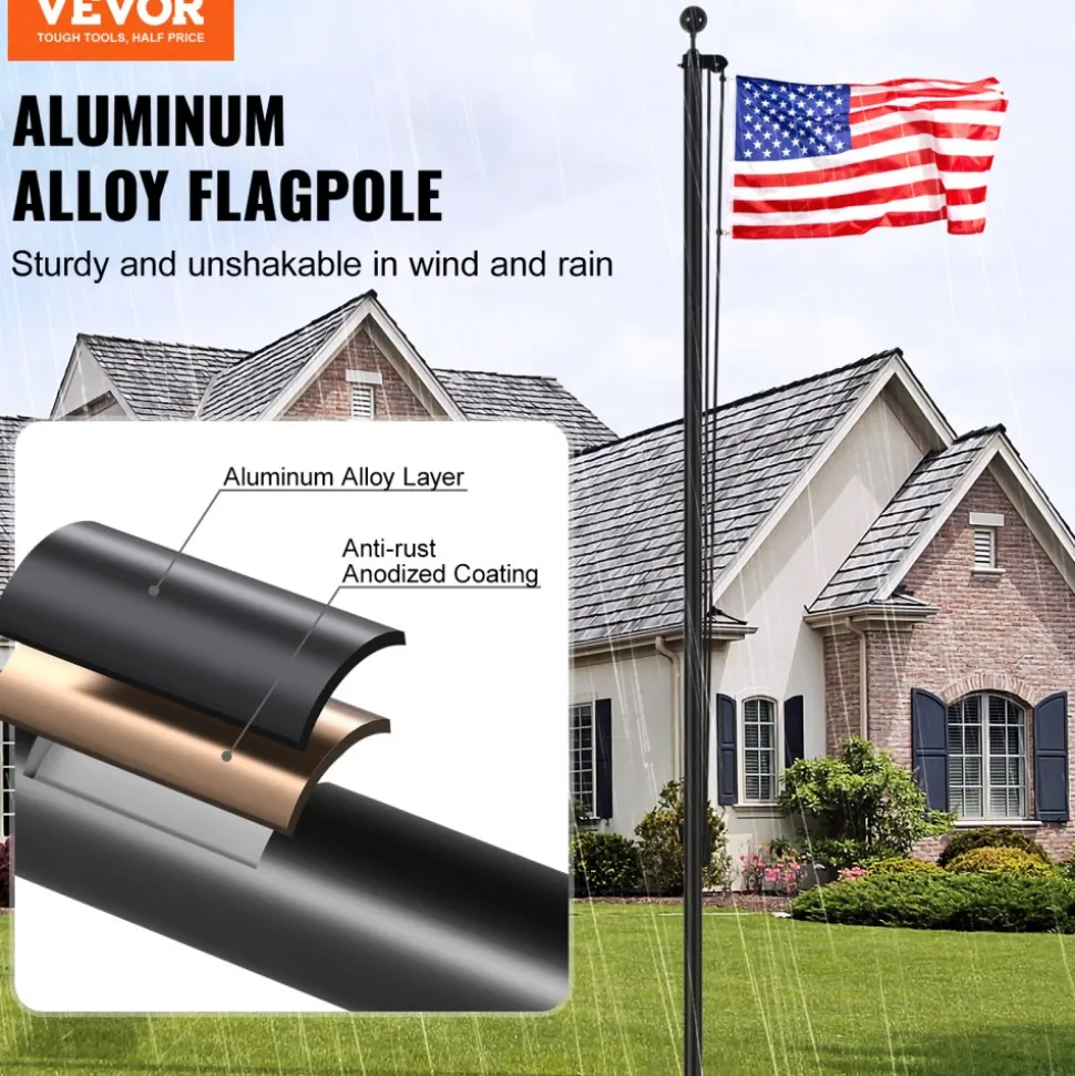 VEVOR 25FT Sectional Flag pole Kit, Heavy Duty Aluminum Alloy in Ground Flag poles for Outside, 3 Display Modes Flagpole with 3x5 American Flag, Professional Accessories, Black