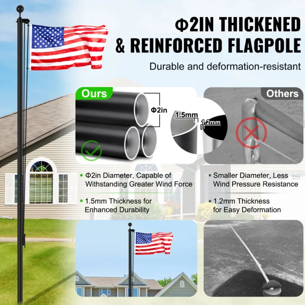 VEVOR 25FT Sectional Flag pole Kit, Heavy Duty Aluminum Alloy in Ground Flag poles for Outside, 3 Display Modes Flagpole with 3x5 American Flag, Professional Accessories, Black