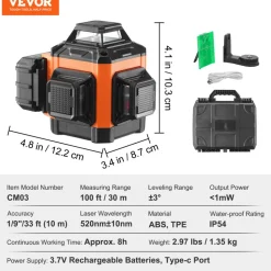 VEVOR 100ft Self Leveling Laser Level, Manual Green 3 x 360° Cross Line Laser, Manual Self-leveling Mode & IP54 Waterproof 8h Continuous Working Time Line Laser, Battery/Stand Included