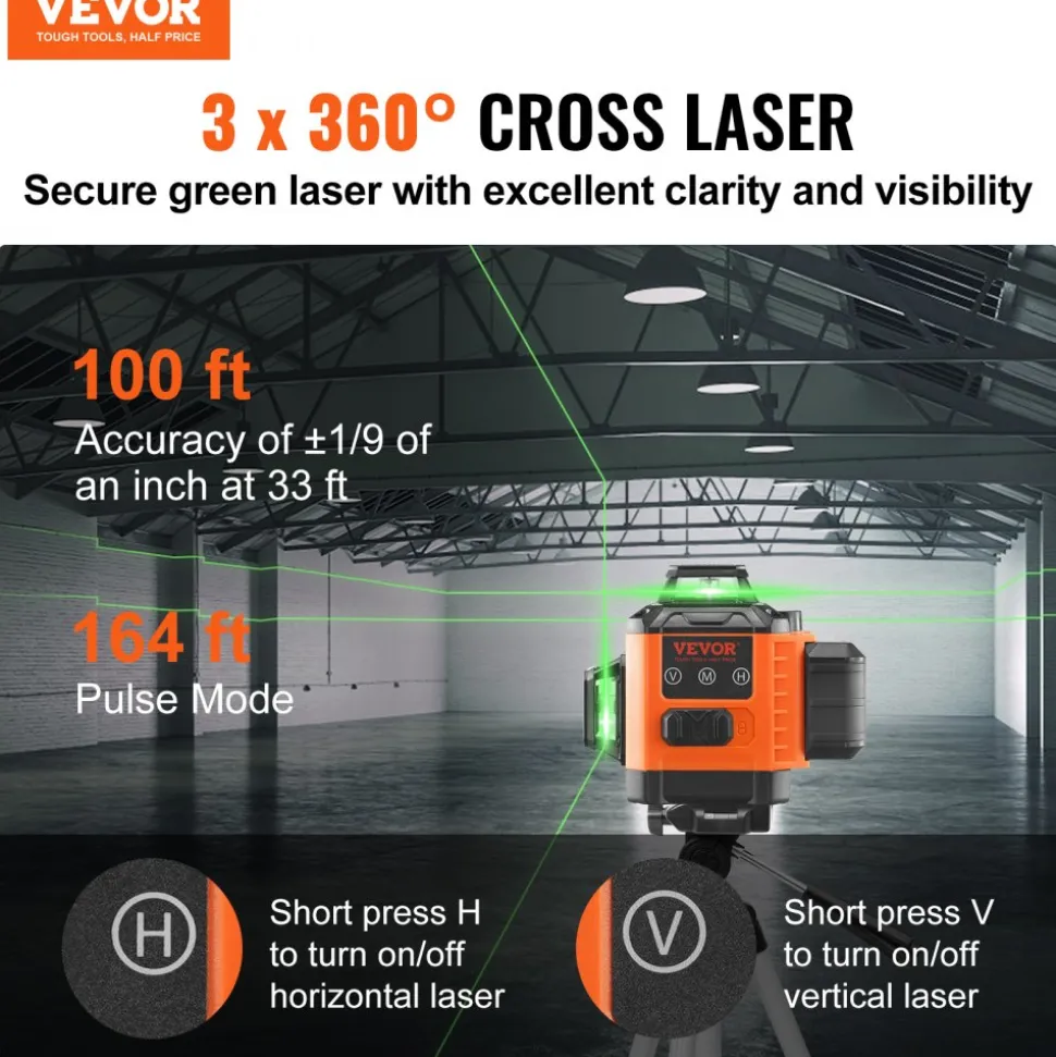 VEVOR 100ft Self Leveling Laser Level, Manual Green 3 x 360° Cross Line Laser, Manual Self-leveling Mode & IP54 Waterproof 8h Continuous Working Time Line Laser, Battery/Stand Included