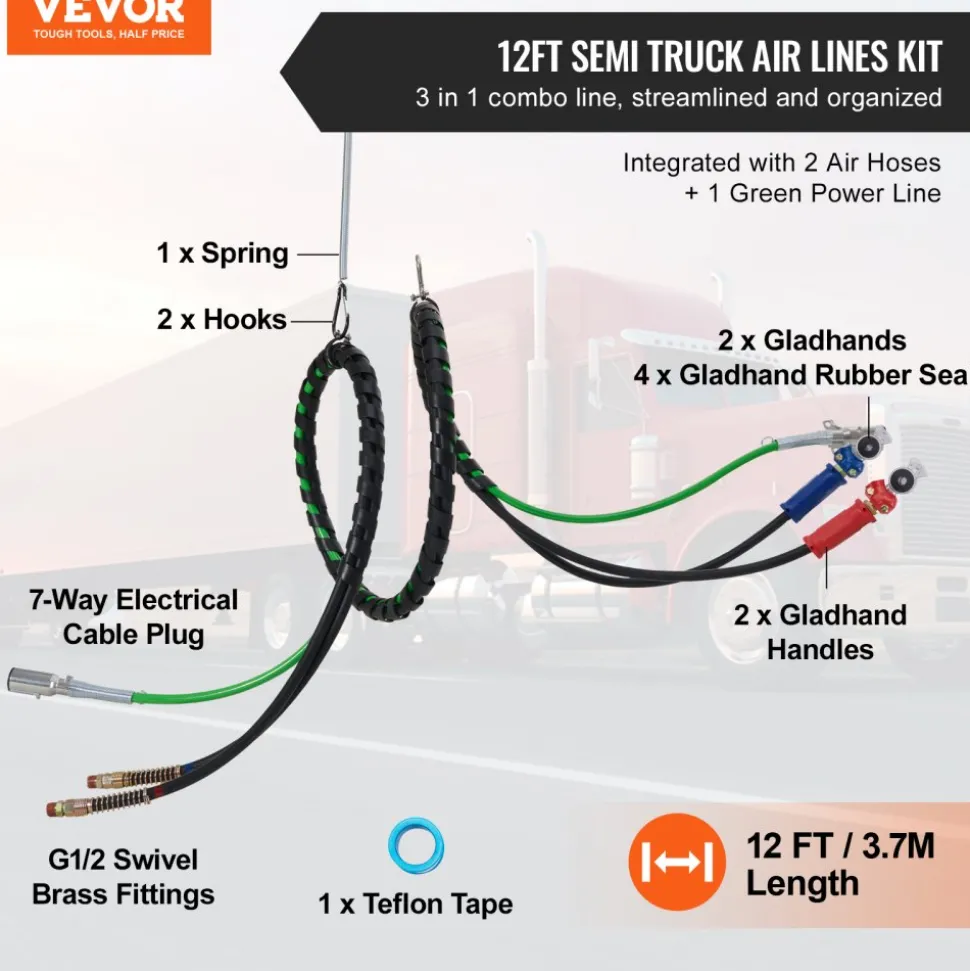 VEVOR 12FT Semi Truck Air Lines Kit with 2PCS Glad Hands, 3-in-1 Air Hoses & 7 Way ABS Electric Power Line, with 2PCS Gladhand Handles, 4PCS Seals and Tender Spring Kit for Semi Truck Trailer Tractor