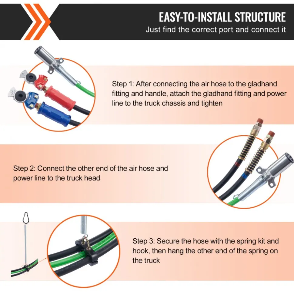 VEVOR 12FT Semi Truck Air Lines Kit with 2PCS Glad Hands, 3-in-1 Air Hoses & 7 Way ABS Electric Power Line, with 2PCS Gladhand Handles, 4PCS Seals and Tender Spring Kit for Semi Truck Trailer Tractor
