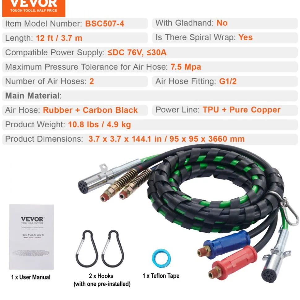 VEVOR 12FT Semi Truck Air Lines Kit, 3-in-1 Air Hoses & ABS Power Line for Semi Truck Trailer Tractor, 7-Way Plug Electrical Cord Cable and Rubber Air Lines Hose Assembly Kit with Hook & Teflon Tape