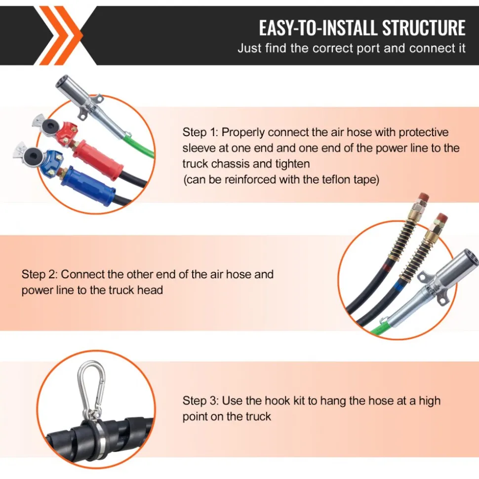 VEVOR 12FT Semi Truck Air Lines Kit, 3-in-1 Air Hoses & ABS Power Line for Semi Truck Trailer Tractor, 7-Way Plug Electrical Cord Cable and Rubber Air Lines Hose Assembly Kit with Hook & Teflon Tape