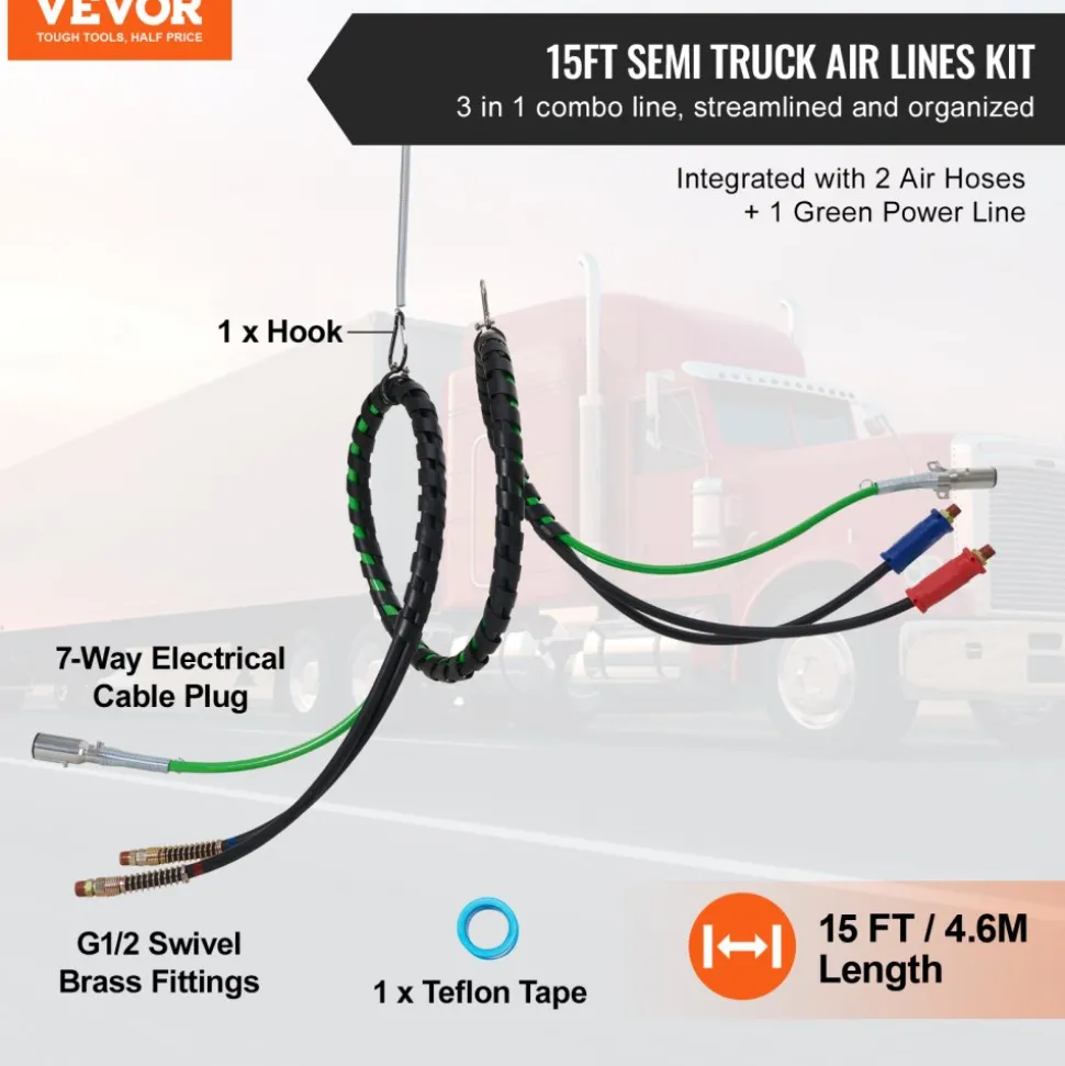VEVOR 12FT Semi Truck Air Lines Kit, 3-in-1 Air Hoses & ABS Power Line for Semi Truck Trailer Tractor, 7-Way Plug Electrical Cord Cable and Rubber Air Lines Hose Assembly Kit with Hook & Teflon Tape