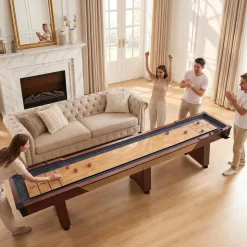 VEVOR 12 ft Shuffleboard Table, 2 in 1 Shuffleboard and Bowling Combo Set, Shuffle Board with Rustic Wood Finish, Scratch-Resistant Playfield, 8 Pucks, Bowling Set, Wax, Brush, for Family Game Room