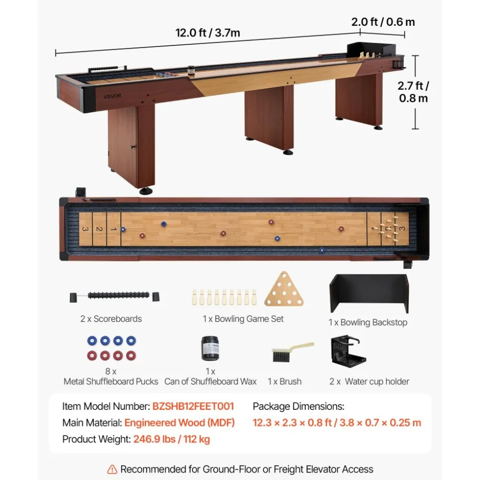 VEVOR 12 ft Shuffleboard Table, 2 in 1 Shuffleboard and Bowling Combo Set, Shuffle Board with Rustic Wood Finish, Scratch-Resistant Playfield, 8 Pucks, Bowling Set, Wax, Brush, for Family Game Room