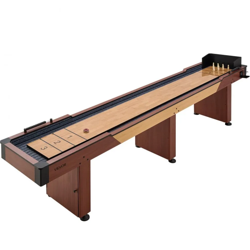 VEVOR 12 ft Shuffleboard Table, 2 in 1 Shuffleboard and Bowling Combo Set, Shuffle Board with Rustic Wood Finish, Scratch-Resistant Playfield, 8 Pucks, Bowling Set, Wax, Brush, for Family Game Room
