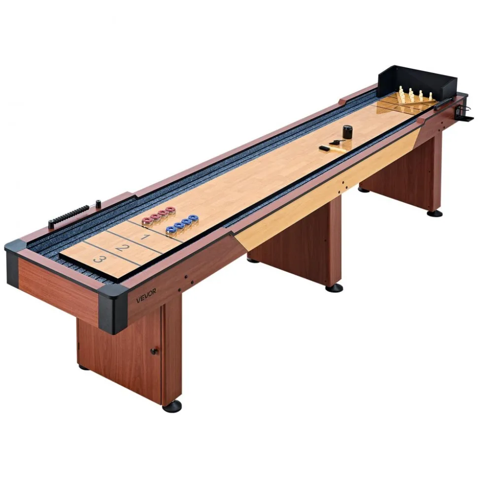 VEVOR 12 ft Shuffleboard Table, 2 in 1 Shuffleboard and Bowling Combo Set, Shuffle Board with Rustic Wood Finish, Scratch-Resistant Playfield, 8 Pucks, Bowling Set, Wax, Brush, for Family Game Room