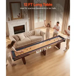 VEVOR 12 ft Shuffleboard Table, 2 in 1 Shuffleboard and Bowling Combo Set, Shuffle Board with Rustic Wood Finish, Scratch-Resistant Playfield, 8 Pucks, Bowling Set, Wax, Brush, for Family Game Room