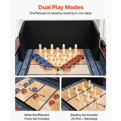 VEVOR 12 ft Shuffleboard Table, 2 in 1 Shuffleboard and Bowling Combo Set, Shuffle Board with Rustic Wood Finish, Scratch-Resistant Playfield, 8 Pucks, Bowling Set, Wax, Brush, for Family Game Room