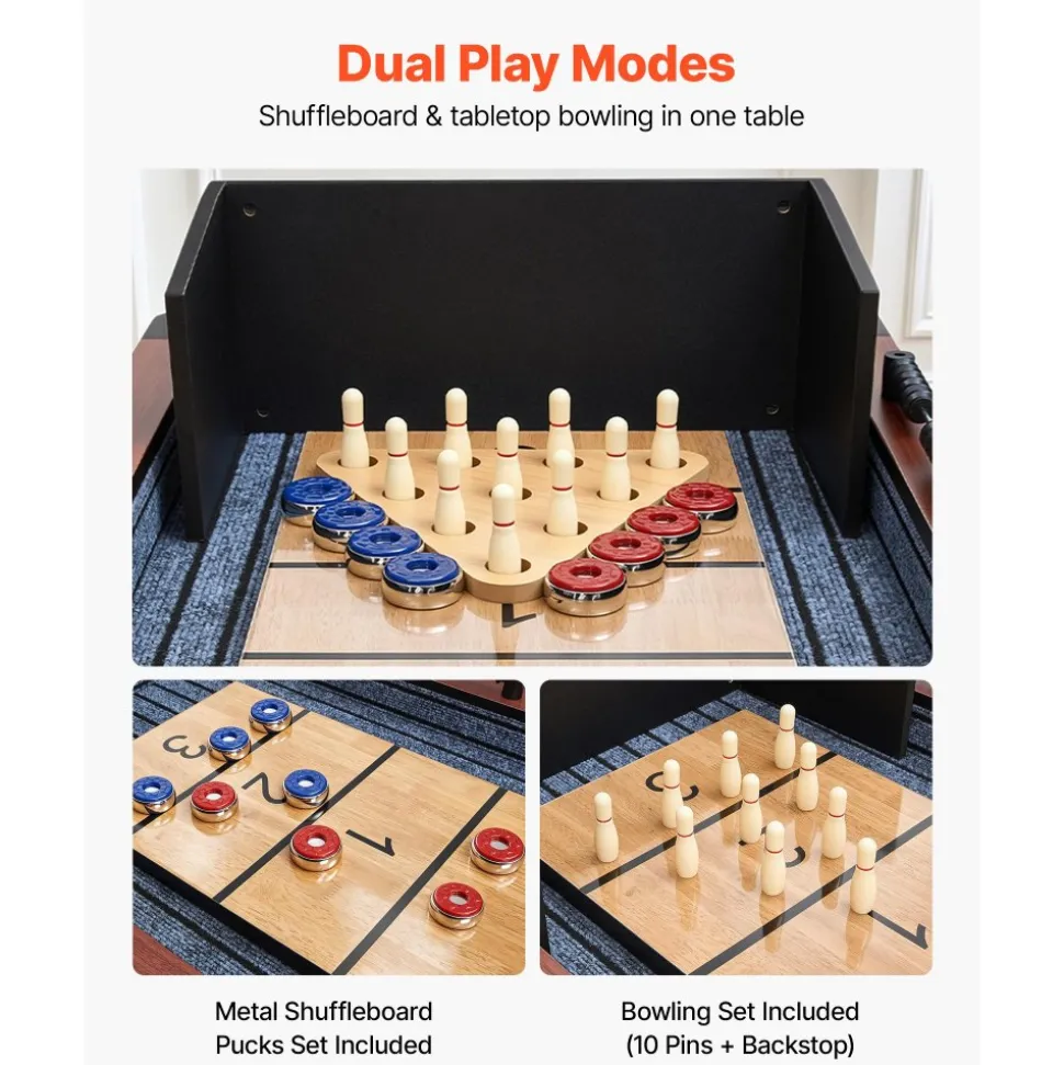 VEVOR 12 ft Shuffleboard Table, 2 in 1 Shuffleboard and Bowling Combo Set, Shuffle Board with Rustic Wood Finish, Scratch-Resistant Playfield, 8 Pucks, Bowling Set, Wax, Brush, for Family Game Room