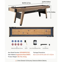 VEVOR 9 ft Shuffleboard Table, Scratch-Resistant Playfield for Smooth, Fast Puck Action, Pedestal Legs with Levelers for Optimum Stability, Shuffle Board w/ 8 Pucks, Wax, Brush, for Family Game Room