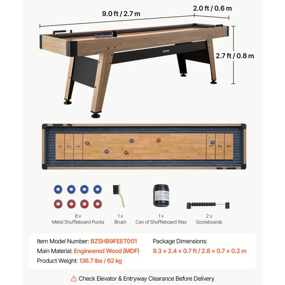 VEVOR 9 ft Shuffleboard Table, Scratch-Resistant Playfield for Smooth, Fast Puck Action, Pedestal Legs with Levelers for Optimum Stability, Shuffle Board w/ 8 Pucks, Wax, Brush, for Family Game Room