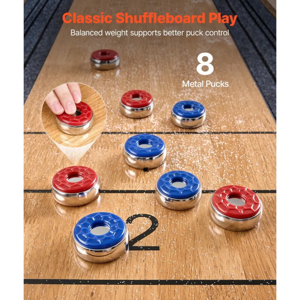VEVOR 9 ft Shuffleboard Table, Scratch-Resistant Playfield for Smooth, Fast Puck Action, Pedestal Legs with Levelers for Optimum Stability, Shuffle Board w/ 8 Pucks, Wax, Brush, for Family Game Room