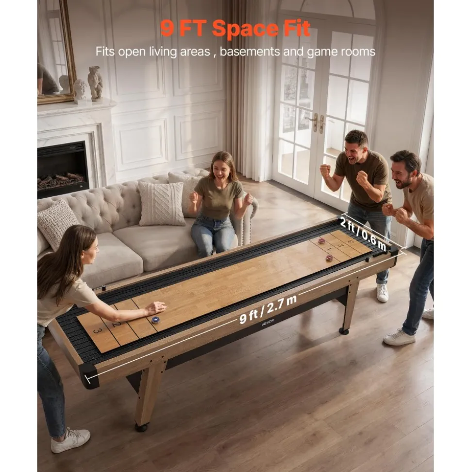 VEVOR 9 ft Shuffleboard Table, Scratch-Resistant Playfield for Smooth, Fast Puck Action, Pedestal Legs with Levelers for Optimum Stability, Shuffle Board w/ 8 Pucks, Wax, Brush, for Family Game Room