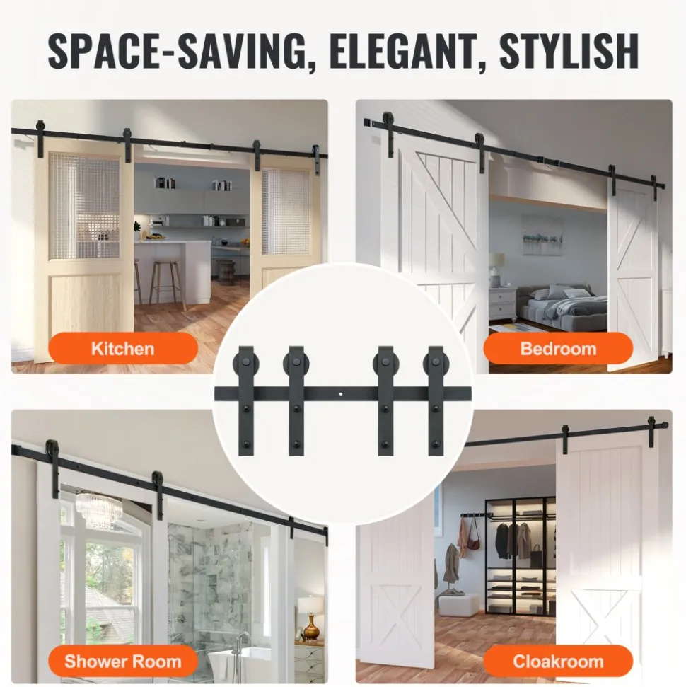 VEVOR 5FT Sliding Barn Door Hardware Kit, 330 LBS Weight Capacity, Compatible with 30 Inches Max Width & 1-3/8 to 1-3/4 Inches Thickness Single Sliding Barn Door, Durable Track & J-shape Roller,Black