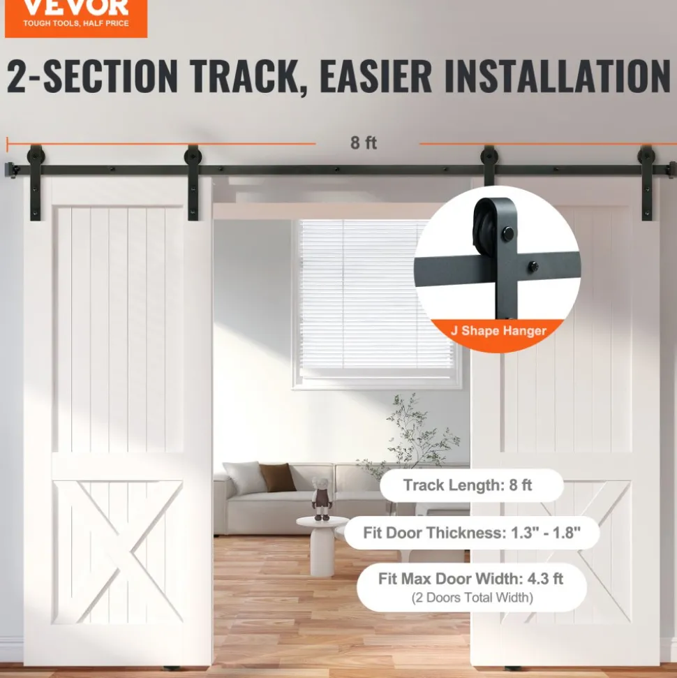 VEVOR 5FT Sliding Barn Door Hardware Kit, 330 LBS Weight Capacity, Compatible with 30 Inches Max Width & 1-3/8 to 1-3/4 Inches Thickness Single Sliding Barn Door, Durable Track & J-shape Roller,Black