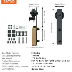 VEVOR 8FT Sliding Barn Door Hardware Kit, 330LBS Heavy Duty Barn Door Track Kit for Double Doors, Fit 3.7-4.3FT Total Wide and 1.3