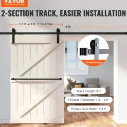 VEVOR 8FT Sliding Barn Door Hardware Kit, 330LBS Loading Heavy Duty Barn Door Track Kit for Single Door, Fit 3.7-4.3FT Wide and 1.3