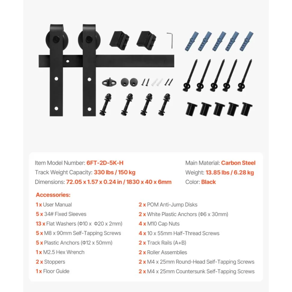 VEVOR 6FT Sliding Barn Door Hardware Kit, 330 LBS Weight Capacity, Compatible with 36 Inches Max Width & 1-3/8 to 1-3/4 Inches Thickness Single Sliding Barn Door, Durable Track & J-shape Roller, Black