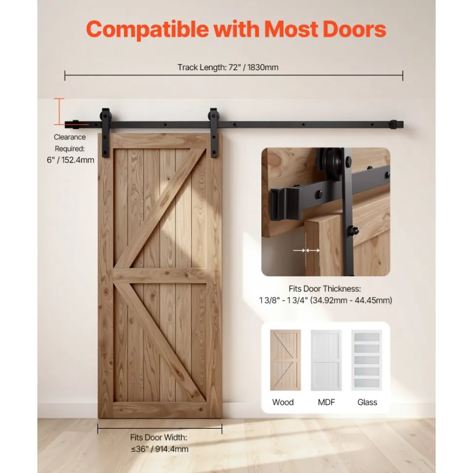 VEVOR 6FT Sliding Barn Door Hardware Kit, 330 LBS Weight Capacity, Compatible with 36 Inches Max Width & 1-3/8 to 1-3/4 Inches Thickness Single Sliding Barn Door, Durable Track & J-shape Roller, Black