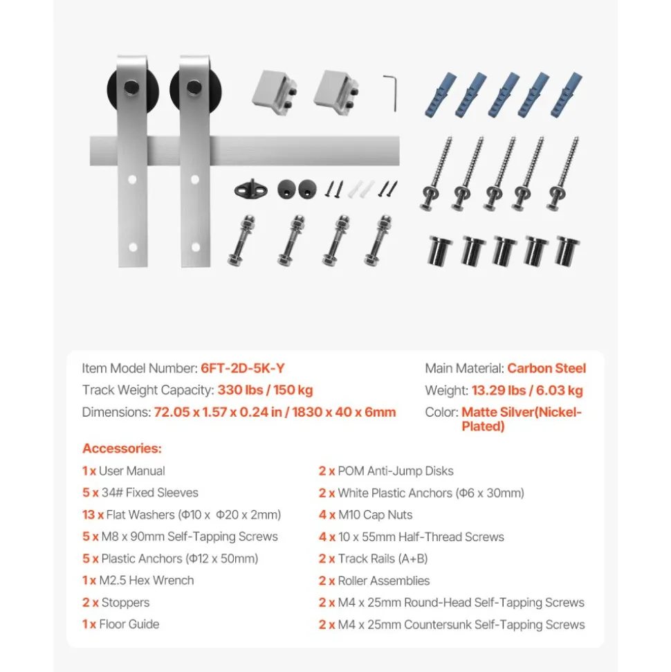 VEVOR 6.6FT Sliding Barn Door Hardware Kit, 330 LBS Weight Capacity, Compatible with 36 to 40 Inches Width & 1-3/8 to 1-3/4 Inches Thickness Single Sliding Barn Door, Durable Track & J-shape Roller