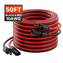 VEVOR 50FT Solar Panel Extension Cable, 10AWG Solar Extension Cable Wire with Female & Male Waterproof Connectors, 6mm² PV Cable for Home, Ship and RV Solar Panels, 50FT Black + 50FT Red (Set of 2)