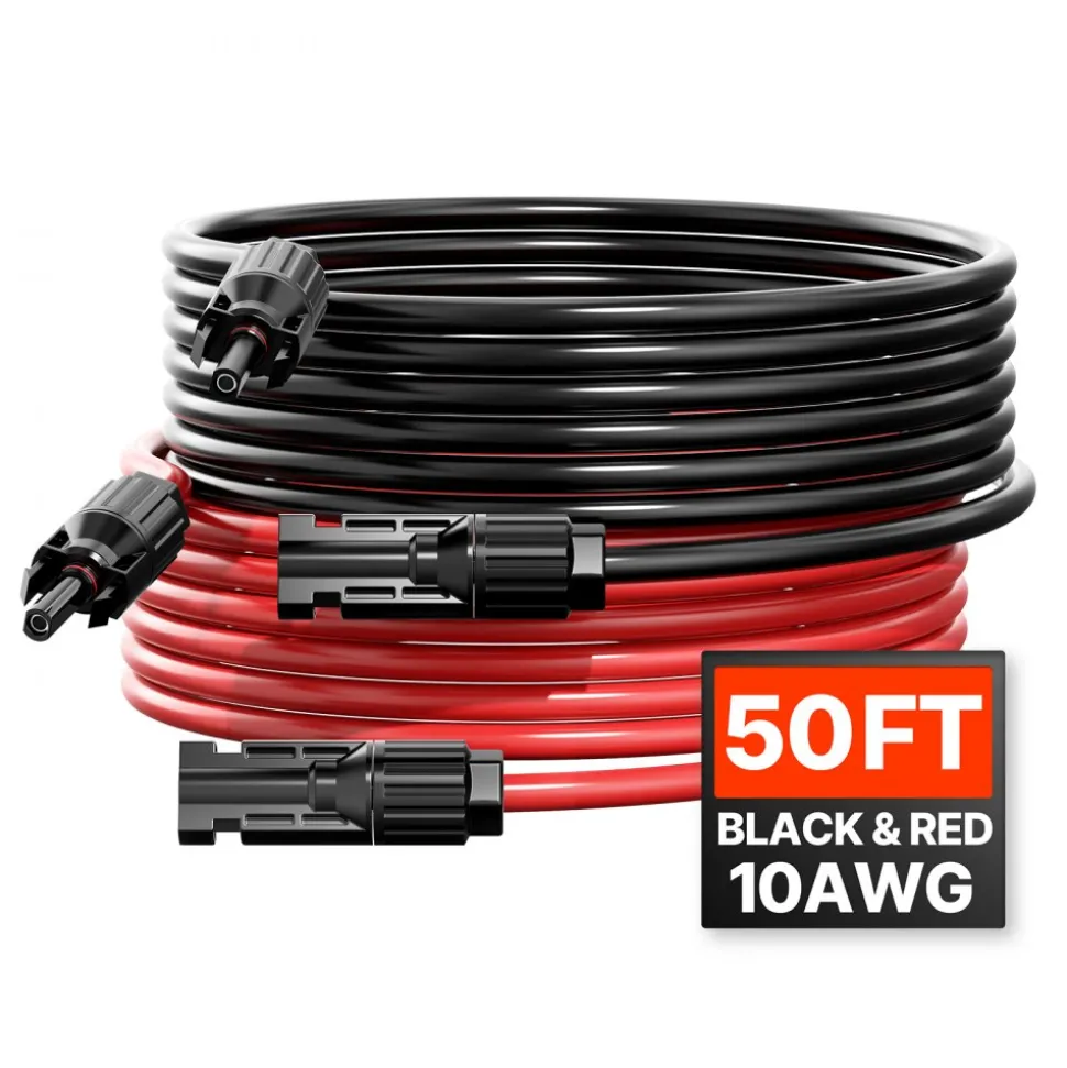 VEVOR 50FT Solar Panel Extension Cable, 10AWG Solar Extension Cable Wire with Female & Male Waterproof Connectors, 6mm² PV Cable for Home, Ship and RV Solar Panels, 50FT Black + 50FT Red (Set of 2)