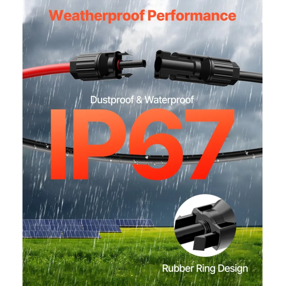 VEVOR 50FT Solar Panel Extension Cable, 10AWG Solar Extension Cable Wire with Female & Male Waterproof Connectors, 6mm² PV Cable for Home, Ship and RV Solar Panels, 50FT Black + 50FT Red (Set of 2)