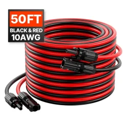 VEVOR 50FT Solar Panel Extension Cable, 10AWG Solar Extension Cable Wire with Female & Male Waterproof Connectors, 6mm² PV Cable for Home, Ship and RV Solar Panels, 50FT Black + 50FT Red (Set of 2)