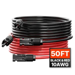 VEVOR 50FT Solar Panel Extension Cable, 10AWG Solar Extension Cable Wire with Female & Male Waterproof Connectors, 6mm² PV Cable for Home, Ship and RV Solar Panels, 50FT Black + 50FT Red (Set of 2)