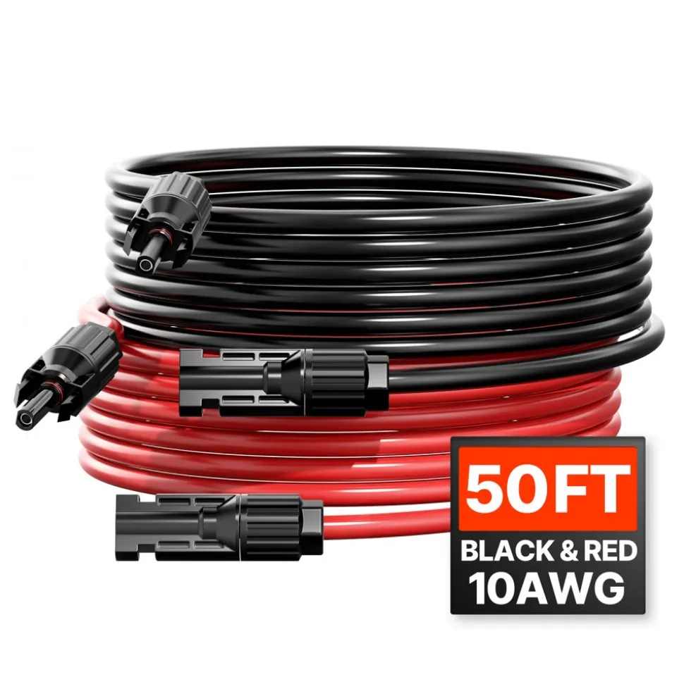 VEVOR 50FT Solar Panel Extension Cable, 10AWG Solar Extension Cable Wire with Female & Male Waterproof Connectors, 6mm² PV Cable for Home, Ship and RV Solar Panels, 50FT Black + 50FT Red (Set of 2)