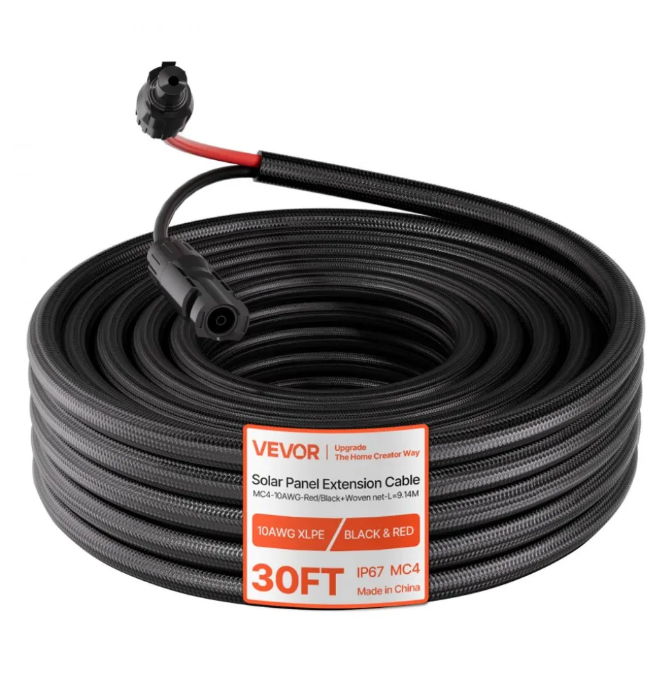 VEVOR 30FT Solar Panel Extension Cable, 10 AWG, Solar Panel Wire with Flame Retardant Protective Sleeving, Female and Male Connectors, IP67 Waterproof PV Wire, for Outdoor Automotive RV, Black & Red