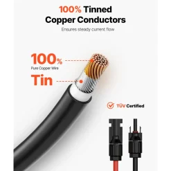 VEVOR 100FT Solar Panel Extension Cable, 10AWG Solar Extension Cable Wire with Female & Male Waterproof Connectors, 6mm² PV Cable for Home, Ship and RV Solar Panels, 100FT Black + 100FT Red (Set of 2)
