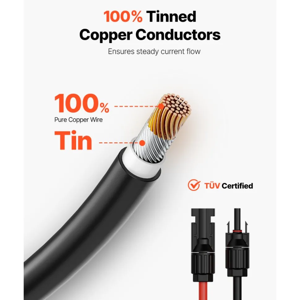 VEVOR 100FT Solar Panel Extension Cable, 10AWG Solar Extension Cable Wire with Female & Male Waterproof Connectors, 6mm² PV Cable for Home, Ship and RV Solar Panels, 100FT Black + 100FT Red (Set of 2)
