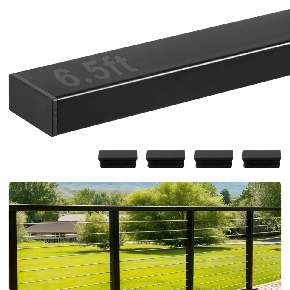 VEVOR 6.5 ft Stainless Steel Handrail, Rectangular Top Stair Deck Hand Rail for Outdoor/Indoor Steps with End Cap,Matte Black Coating Adjustable Metal Stair Rail for Cable Railing Kit