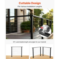 VEVOR 6.5 ft Stainless Steel Handrail, Rectangular Top Stair Deck Hand Rail for Outdoor/Indoor Steps with End Cap,Matte Black Coating Adjustable Metal Stair Rail for Cable Railing Kit