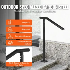 VEVOR 3Ft Step Railing, Iron Stair Handrail Floor Mounted Sturdy Black Arched Handrails for Outdoor Indoor Steps Fits 2 to 3 Steps